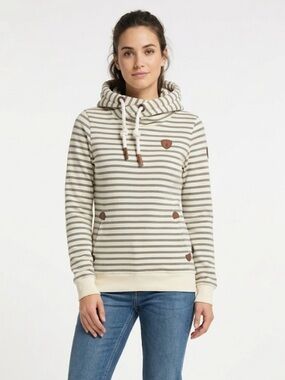 Wanakome Striped Funnel Neck Hoodie in Cream and Gray